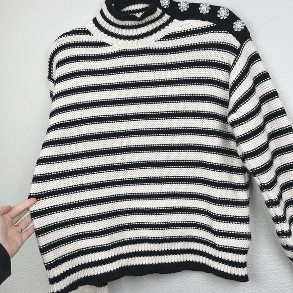 J.Crew Women's Medium Cable-Knit Mockneck Pullover Sweater Stripe Jewel Buttons - Picture 11 of 16